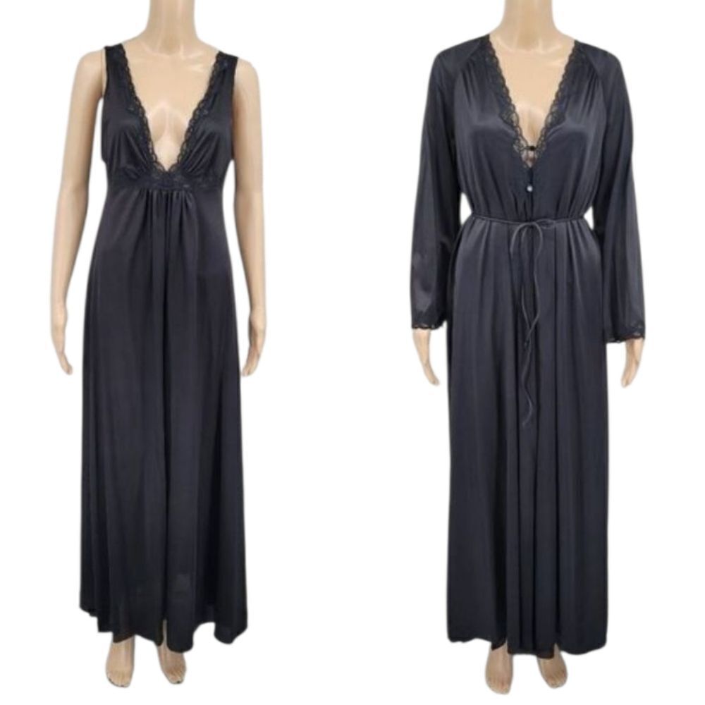Lorraine Vintage Maxi Length Black Slip Dress Nightgown and Peignoir Robe Lace